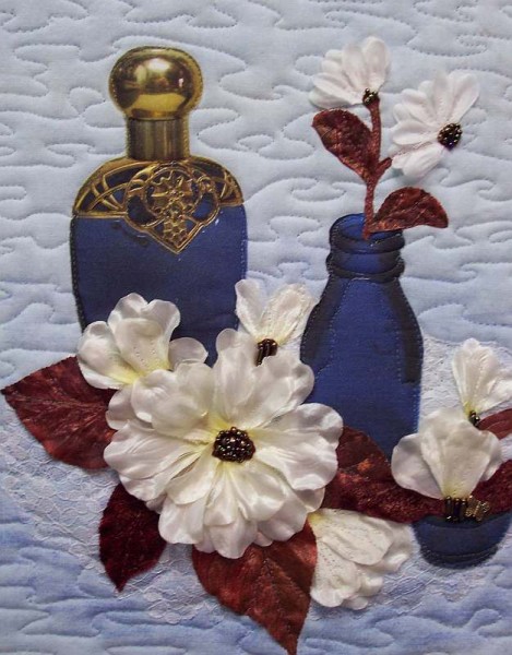 Art Quilt Blue Bottles and Flowers by Sue Andrus, Detail, Andrus Gardens