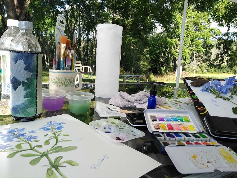 Sue Andrus Watercolor Setup under tent in back yard, Andrus Gardens