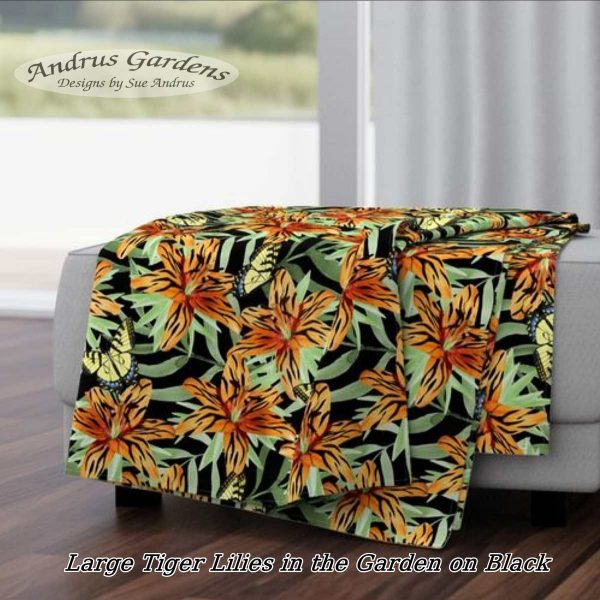 Large tiger lilies and swallowtail butterflies in the garden on blanket by sue andrus- andrusgardens