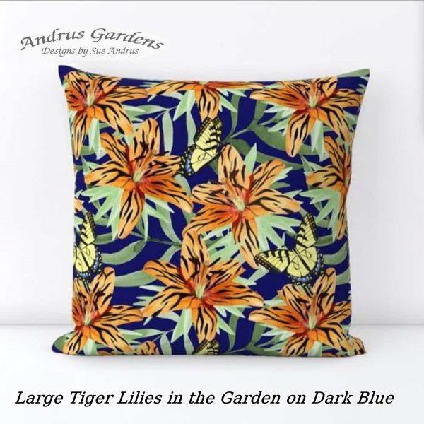 Tiger lilies and swallowtail butterflies on dark blue by sue andrus andrusgardens designs