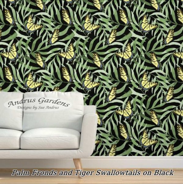 Swallowtail butterflies and palm fronds on black by sue andrus andrusgardens designs