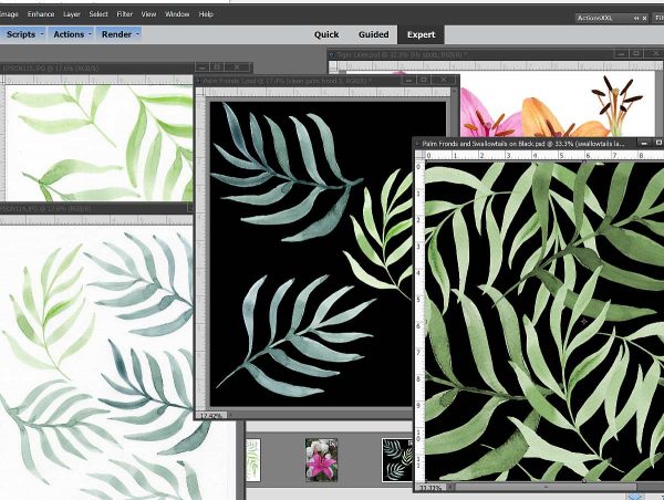 Palm fronds process from watercolor painting to repeating pattern by sue andrus- andrusgardens