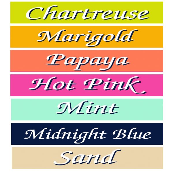 Color Palette showing chartreuse, marigold, papaya, hot pink, mint midnight blue and sand.