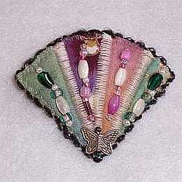 Aqua, Mauve Fan Beaded Art Quilt Pin, Pendant,  Sue Andrus
