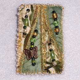 Green Rectangle Beaded Art Quilt Pin, Pendant,  Sue Andrus