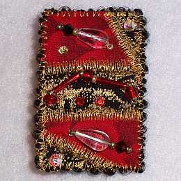Red Rectangle Beaded Art Quilt Pin, Pendant,  Sue Andrus